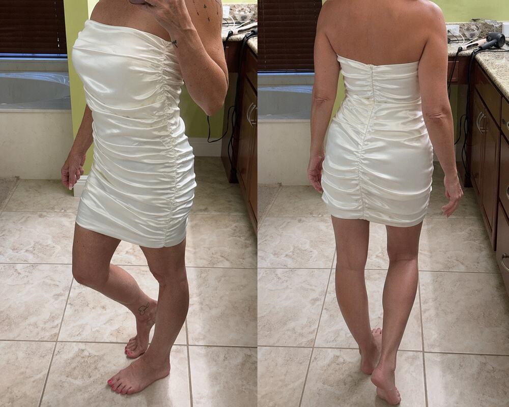 NWT Naked Wardrobe Ivory white Satin Ruched Strapless Mini Dress Size M